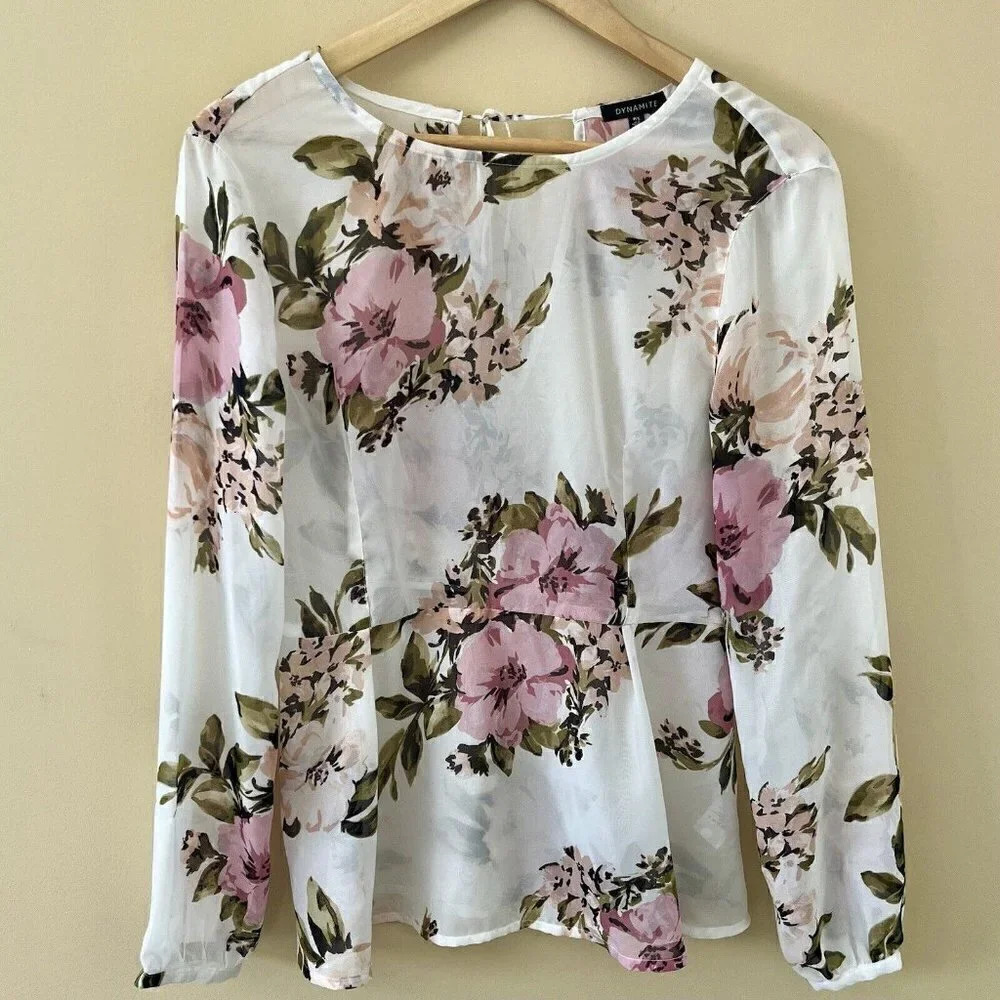 Dynamite| Feminine Airy Pink, Sage &  White Floral Long Sleeve Shirt/Blouse Sz S